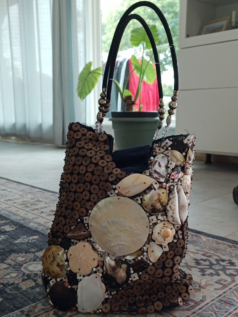 Handcrafted Shell & Wood Bead Tote Bag - Natural Brown - Picture 3 of 9